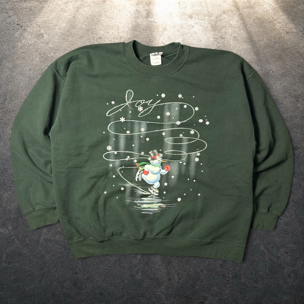 Vintage Gildan Joy Snowman Graphic Sweatshirt Green Skater Baggy Y2K Size XL